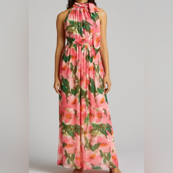 Anne Klein Camellia Multi Floral Sleeveless Halter Gown Maxi Dress Size 14 - Picture 3 of 16